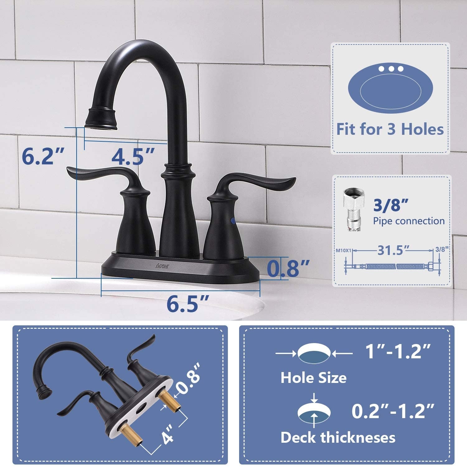 Robinet de lavabo monté sur le pont Robinets noir mat Robinets de salle de bain à poignée à 3 trous