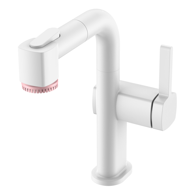 Robinet de salle de bain monotrou blanc réglable avec brosse de beauté