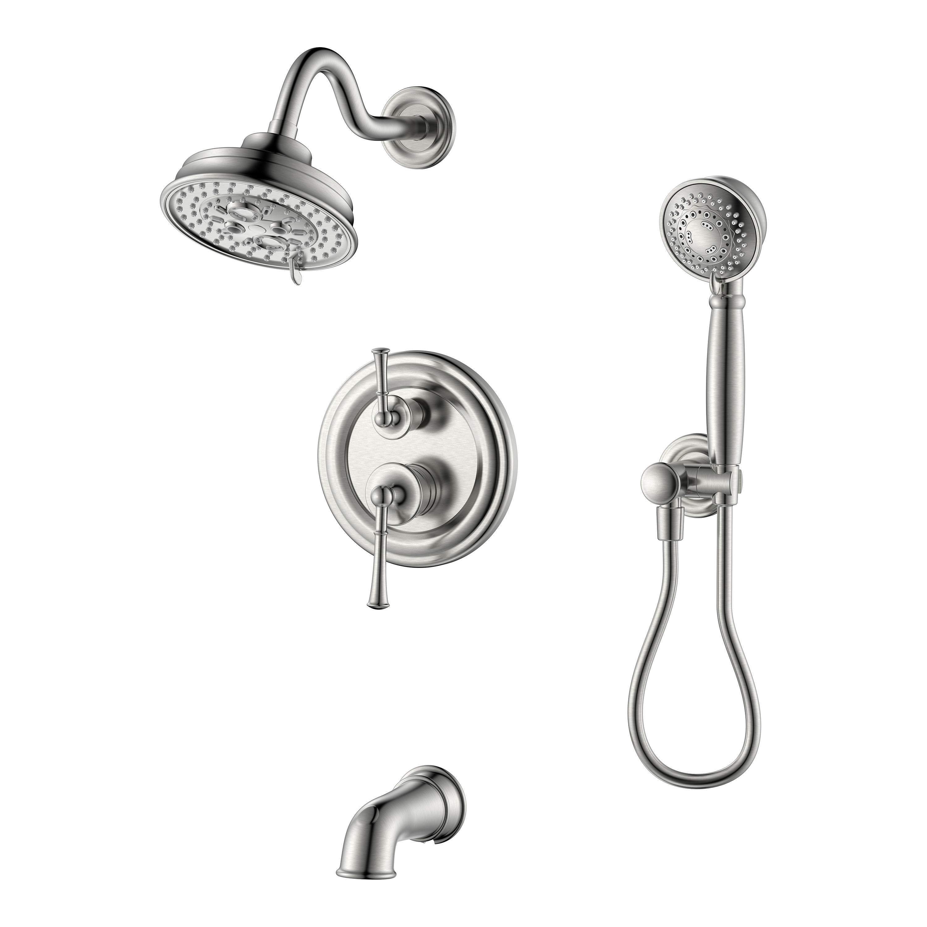 Robinet de douche pour baignoire avec 2 poignées Robinet de douche en nickel brossé 