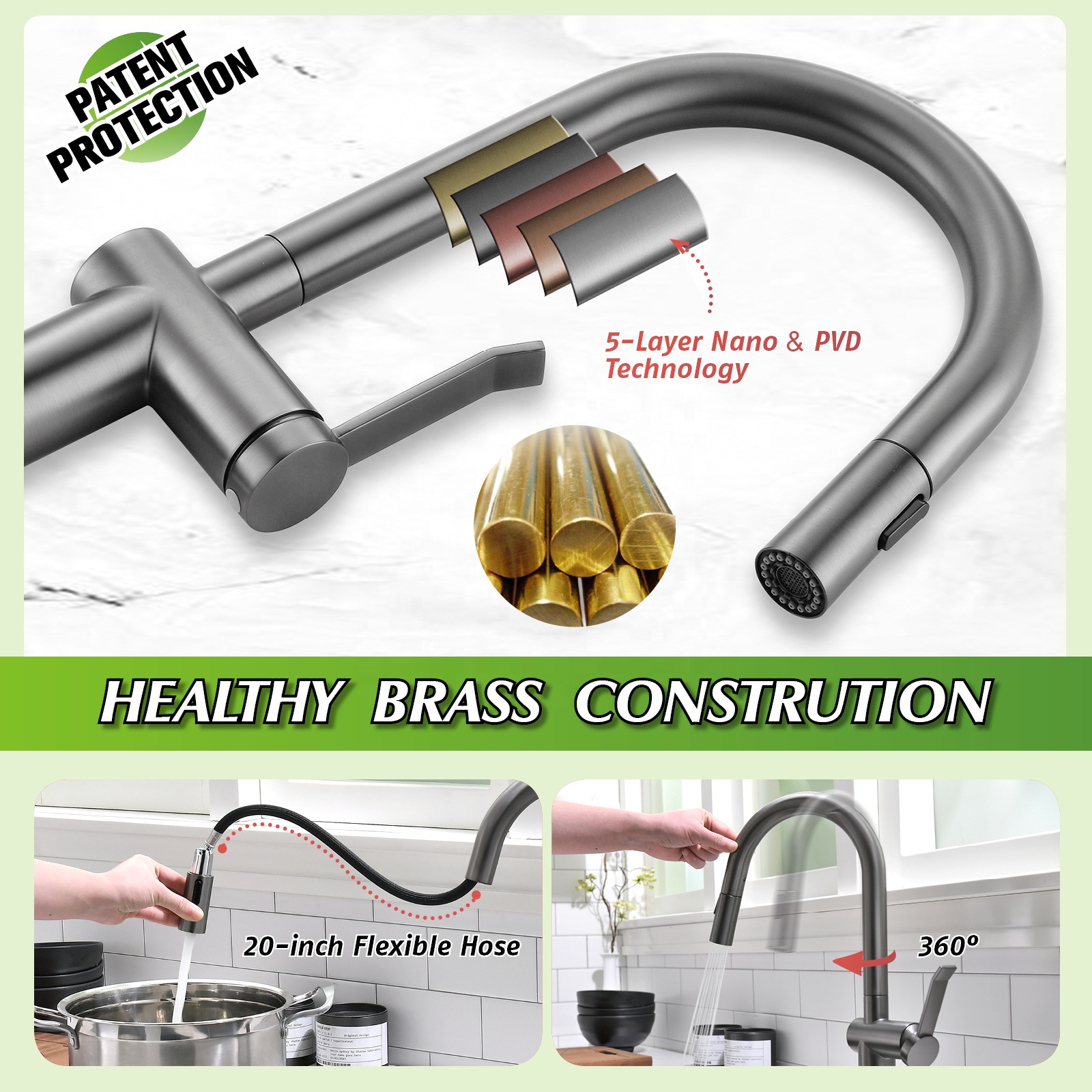 Robinet de cuisine sans contact en laiton massif Gun Metal Swan Robinet pour évier de cuisine