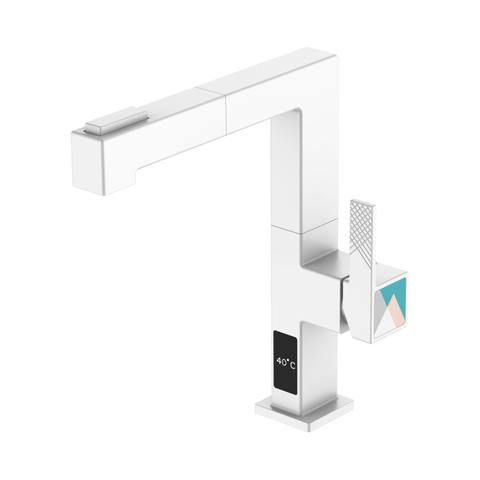 Robinet de cuisine à tirette de température Robinet de cuisine en acier inoxydable blanc avec pulvérisateur
