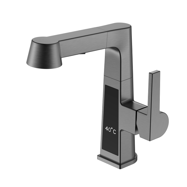 Robinet de lavabo carré noir en acier inoxydable avec affichage de la température du robinet de salle de bain